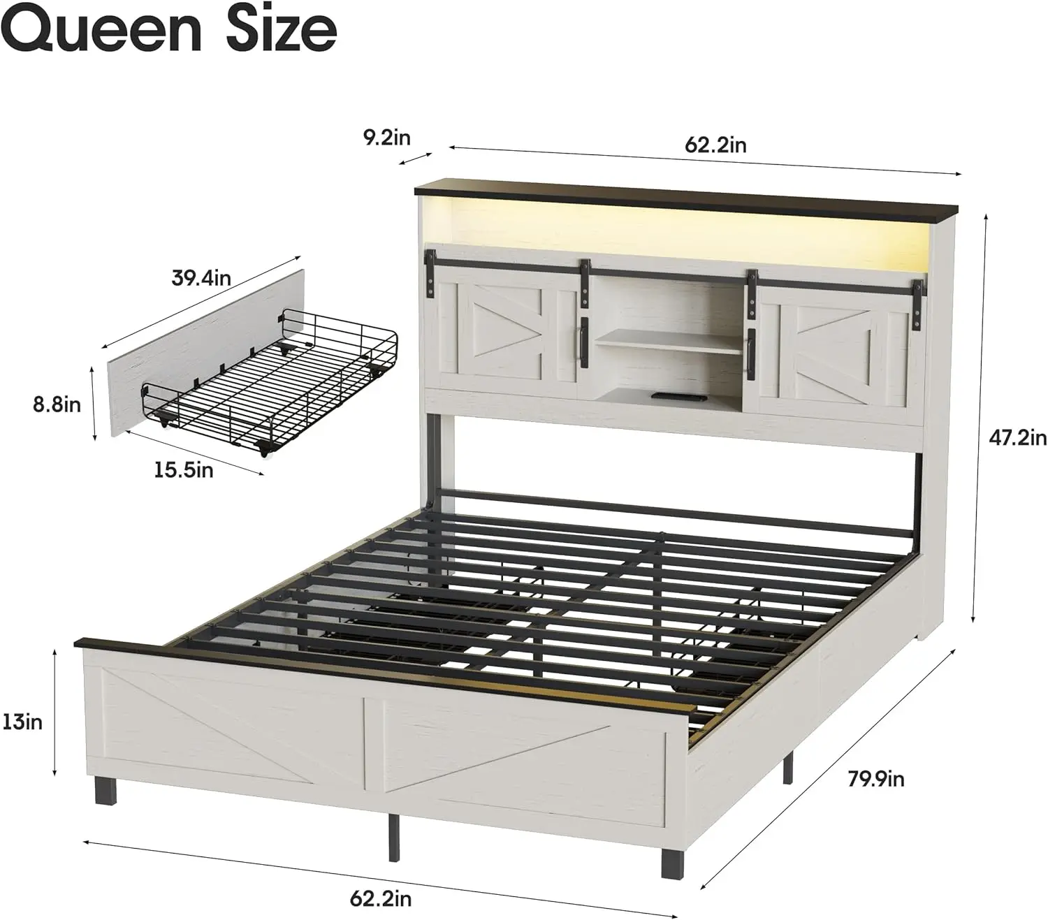 Farmhouse Queen Size Bed Frame with 4 Drawers and Bookcase Headboard, Sliding Barn Door Storage Shelves, LED Lights