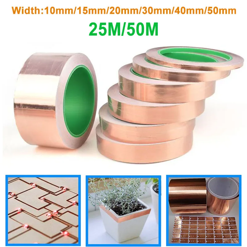 

10-50mm Width Copper Tape 25/50M Double-Sided Conductive Copper foil tape for Stained Glass Guitar EMI Shielding Crafts DIY Slug