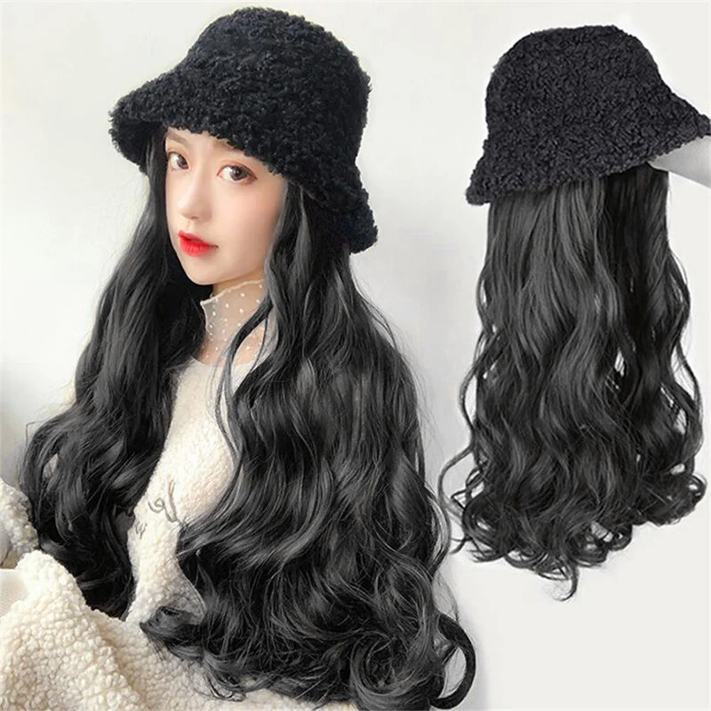 New Synthetic Hat wig All-in-one Autumn and Winter New Wave Roll Lamb Wool Fisherman Hat Natural Women\'s Full Head Set