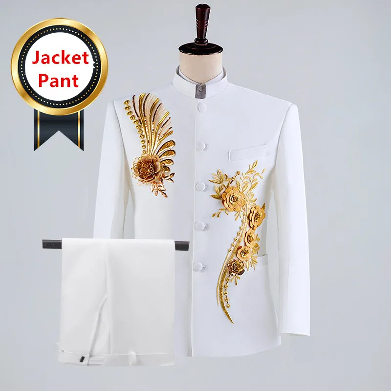 (سترة + بنطلون) أزياء الرجال مرحلة الأداء فستان الدعاوى 2025 جديد الذكور النمط الصيني الوقوف طوق ملصق مائي السترة وبنطلون