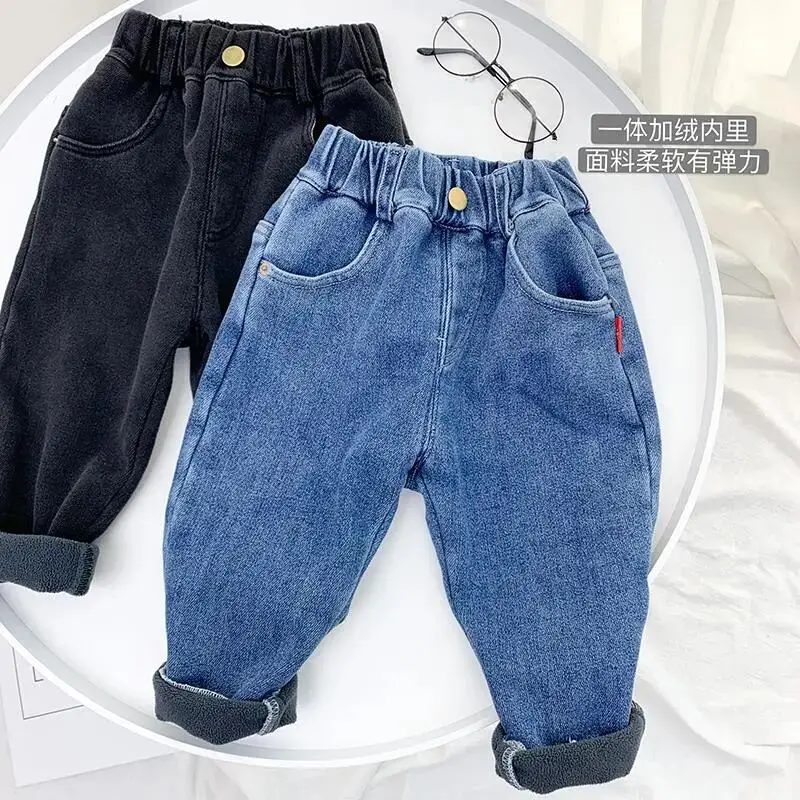 Autumn Winter Boys thick Jeans New Children\'s Thickened One piece Velvet Pants Girl Baby Winter Trousers