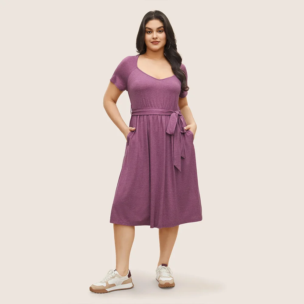 

Plus Size Summer V-Neck Midi Dress Women Ruffle Pleated Loose Fashion High Waist Ladies Dresses Casual Short Sleeve Woman Dress