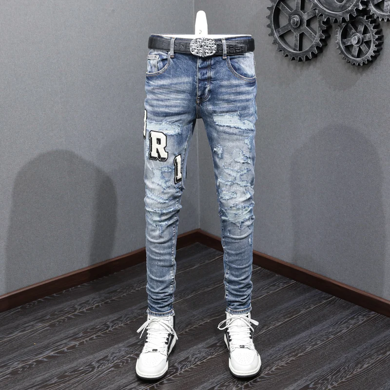 High Street Fashionable Men's Jeans Retro Blue Stretch Slimming Ripple Jeans Men's Hip Hop Brand Designer High Quality Pants Hom