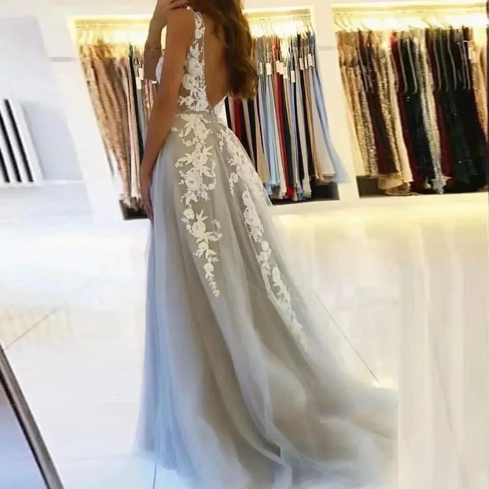 

V Neck Long Sexy Gray Summer Backless Prom Dresses 2023 For Women White Lace Dubai Evening Party Gown Sleeveless