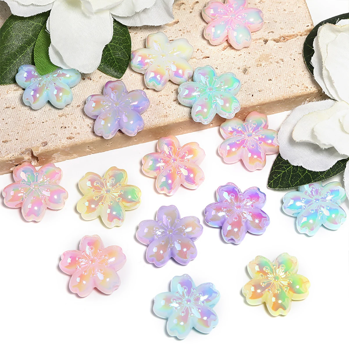 Acrylic Uv Plated Cherry Blossom Loose Beads Diy Luminous Flowers Through Hole Accessories Pendant anging Chain Jewelry Material