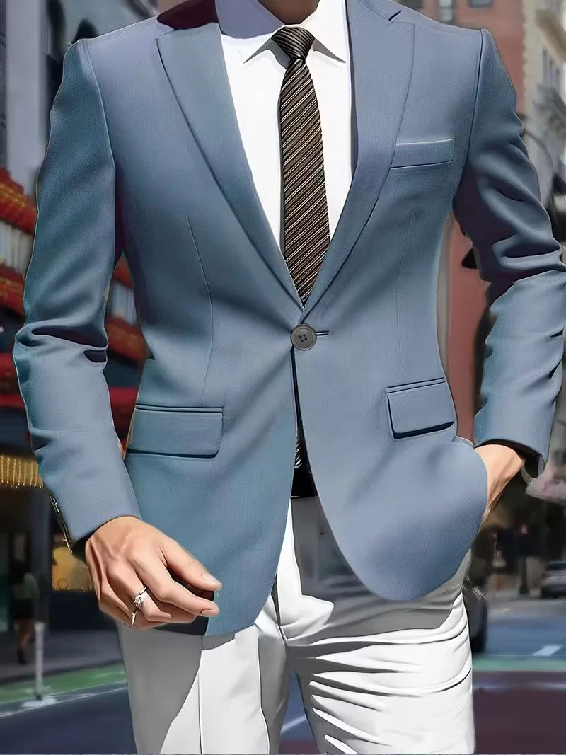 بدلة رجالية بلون سادة مع زر واحد بتصميم جيب كالسيوم قابل للطي بدلة كاجوال للرجال مع بطانة داخلية مناسبة لجميع المواسم #1