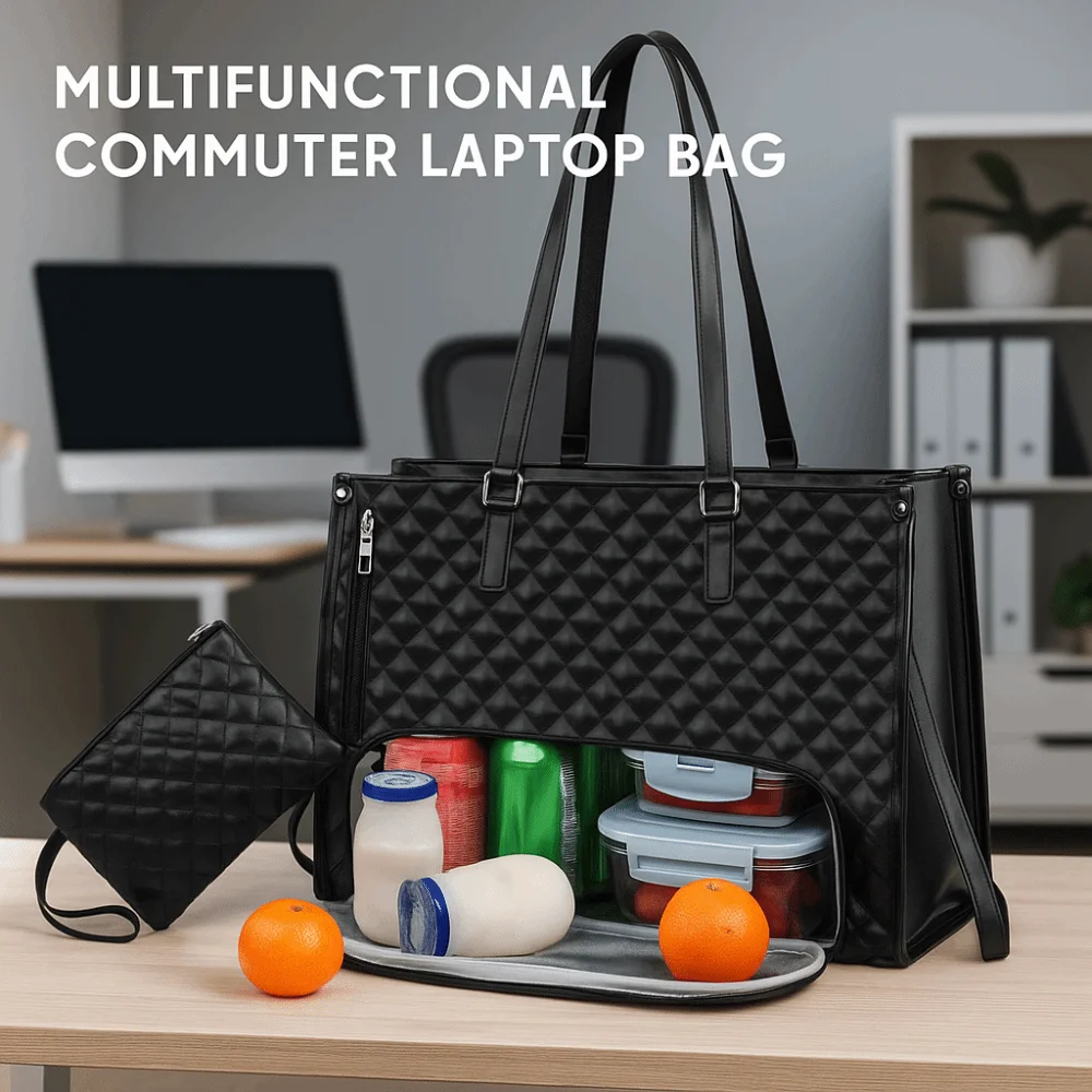 2-in-1 Laptop Lunch Tote Bag Lunch Box 15.6inch Multifunctional Laptop Handbag Leather Shoulder Strap Portable Laptop Bags
