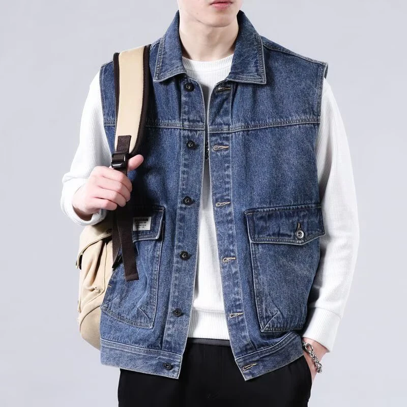 Spring Summer Men's Denim Vest Retro Men Multil-Pocket Streetwear Jeans Sleeveless Jackets Men Loose Fit Work Waistcoat Clothing