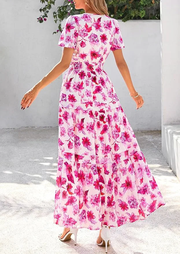 Sexy V Neck Short Sleeve Floral Print Boho Party Dress Summer Women Beachwear Sand Vestidos Elegant Vintage Dresses Robes 2025