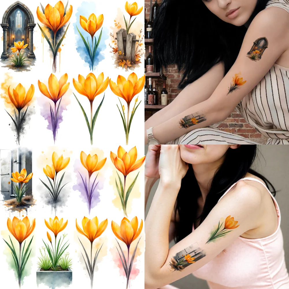 9pcs Temporary Tattoo Yellow Floral Designs Temporary Tattoo Stickers Flower Tattoos Watercolor For Shoulders Arms Ladies