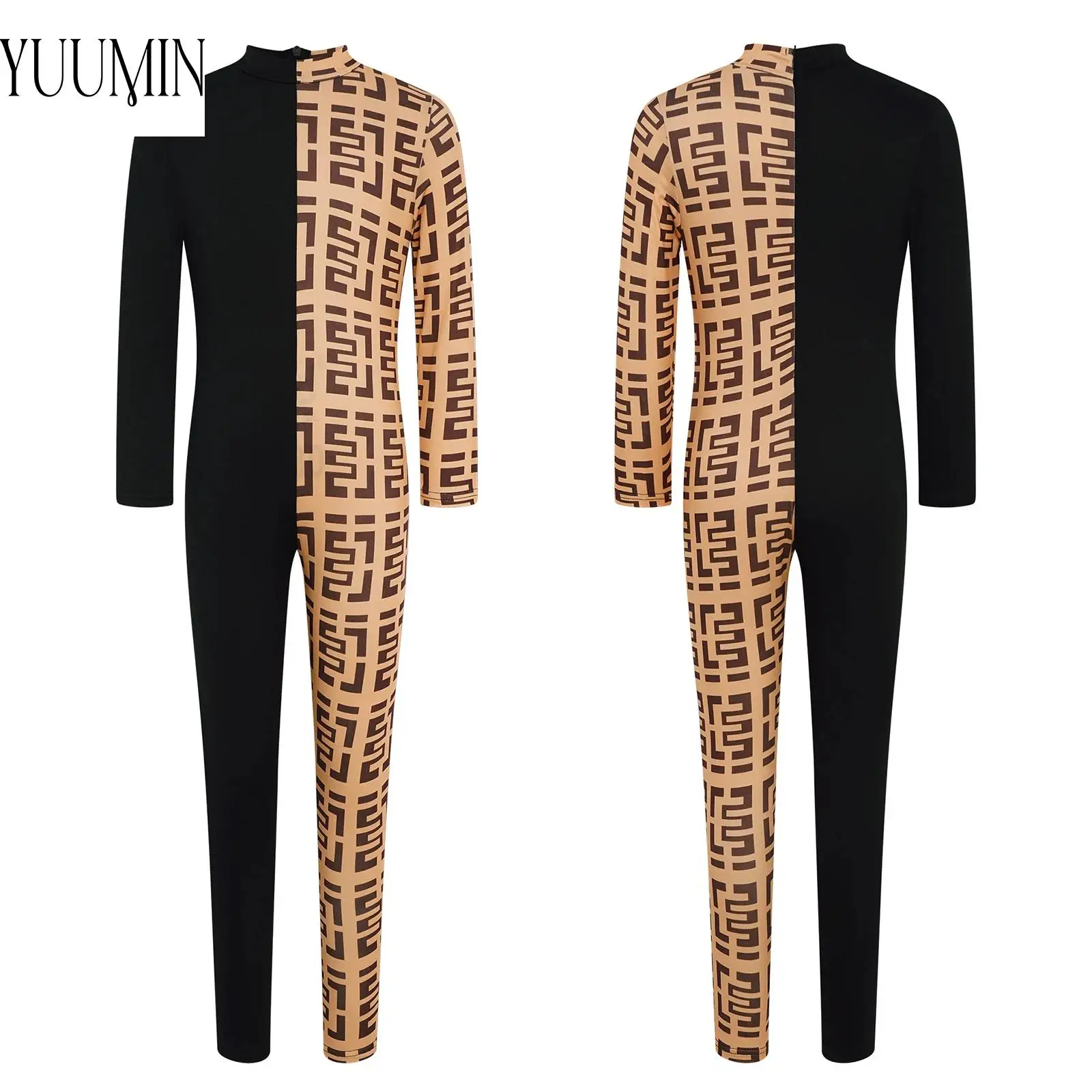 Kids Girls Figure Ice Skating Dance Jumpsuit Stylish Print Workout Jumpsuit Mock Neck Long Sleeve Zipper Contrast Color Bodysuit