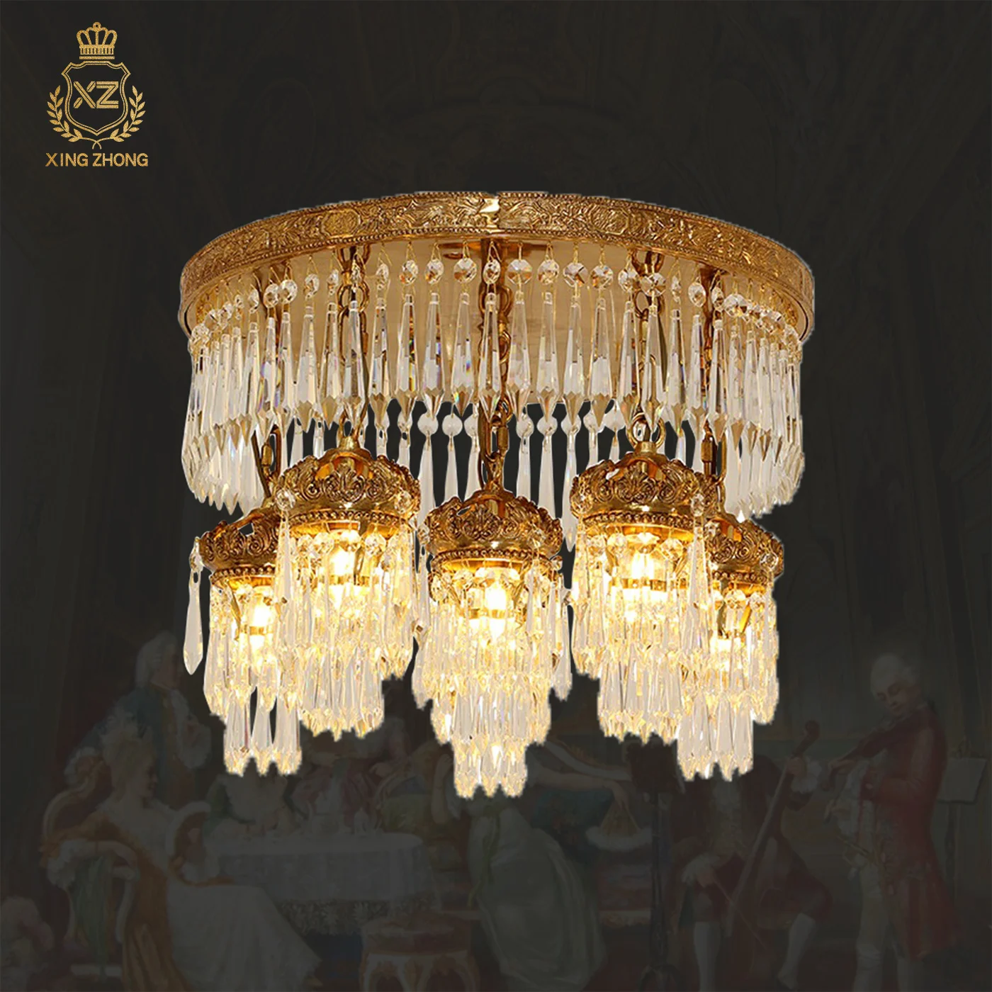 European Neo Classic Living Room Dining Room Luxury Crystal Tassel Ceiling Lamp French Hall Banquet Hall Copper Ceiling Lights