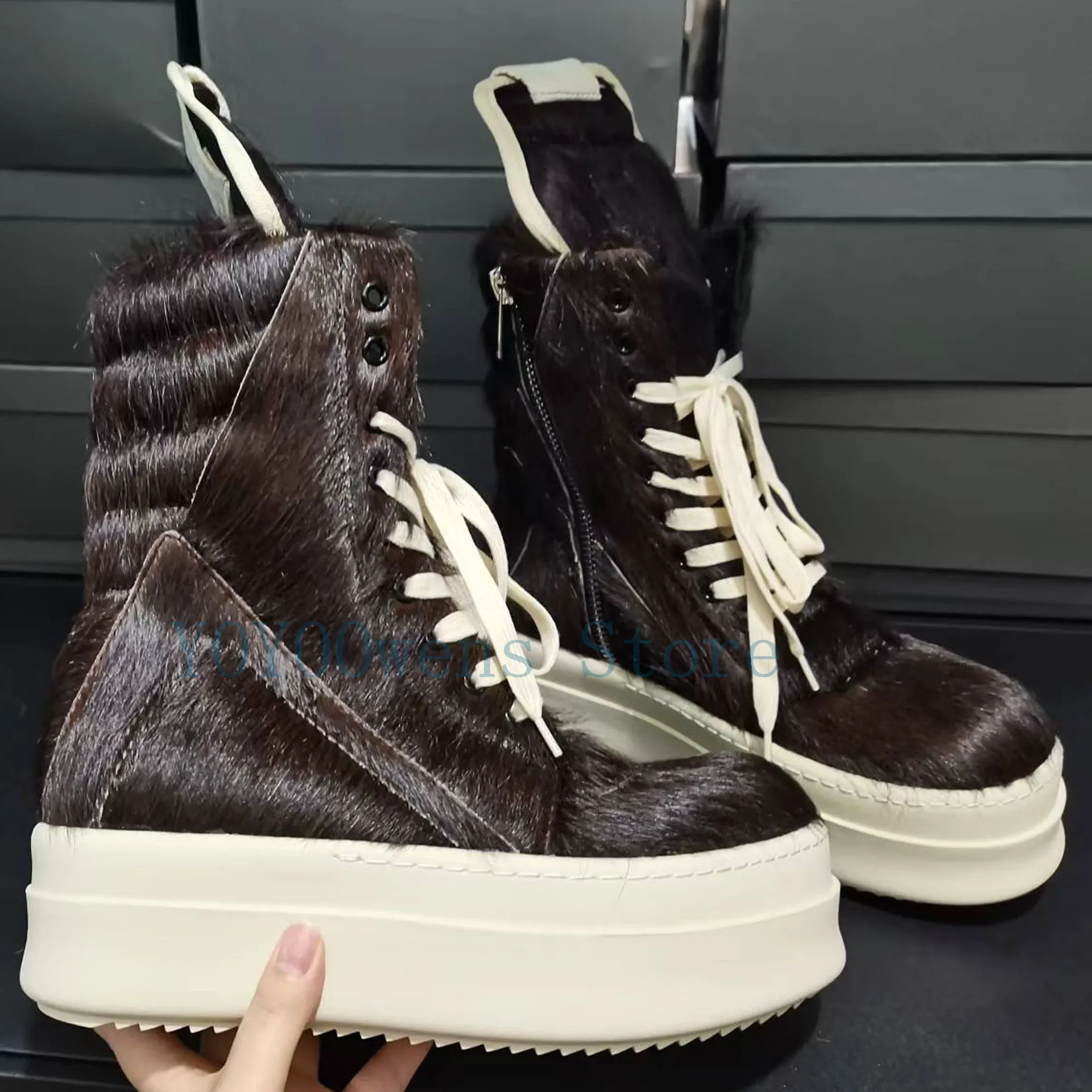 

Мужские ботинки для женщин из конского волоса, натуральная кожа, толстая подошва, увеличивающая платформу, обувь до щиколотки, винтажные роскошные кроссовки Owens