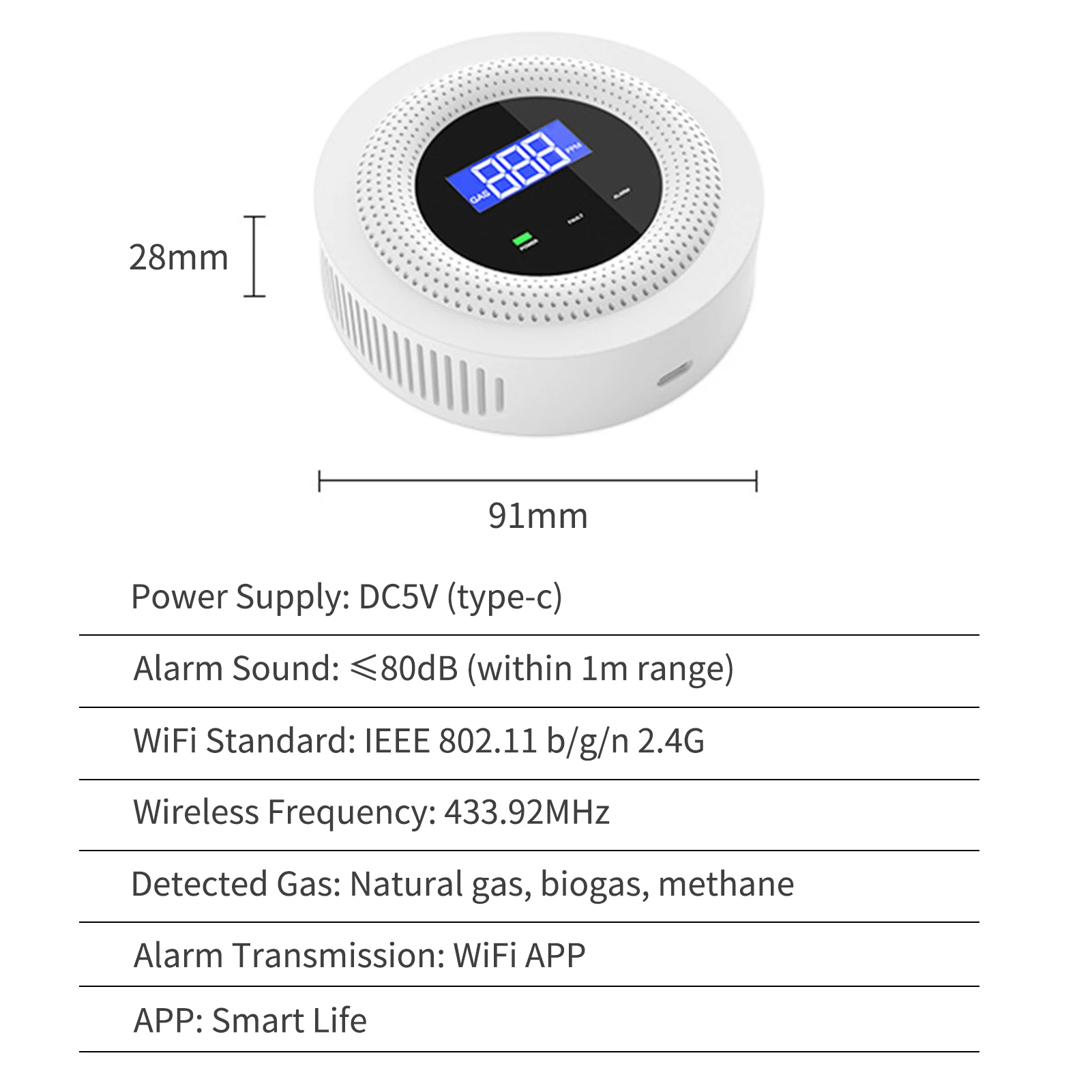 WiFi Gas Leak Alarm Household Smart Gas Detector Combustible Gas Leakage Detecting Sensor for Natural Gas Biogas Methane