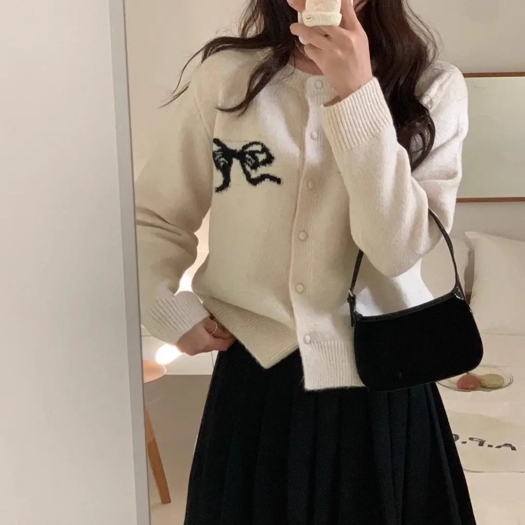 

Knitted Cardigans Bow Embroidery Korea Chic Spring 2024 New Fashion Single Breasted O-Neck Sweater Knitwear Coat