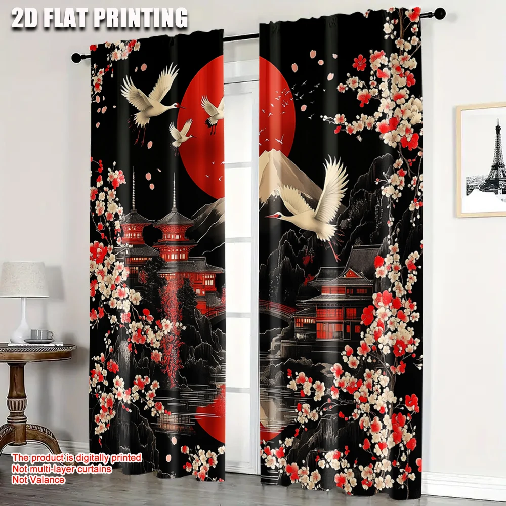 

2pc, Window Curtains Japanese Tsuru and Sakura Versatile 100% Polyester,Without Electricity Versatile Suitable for Parties and