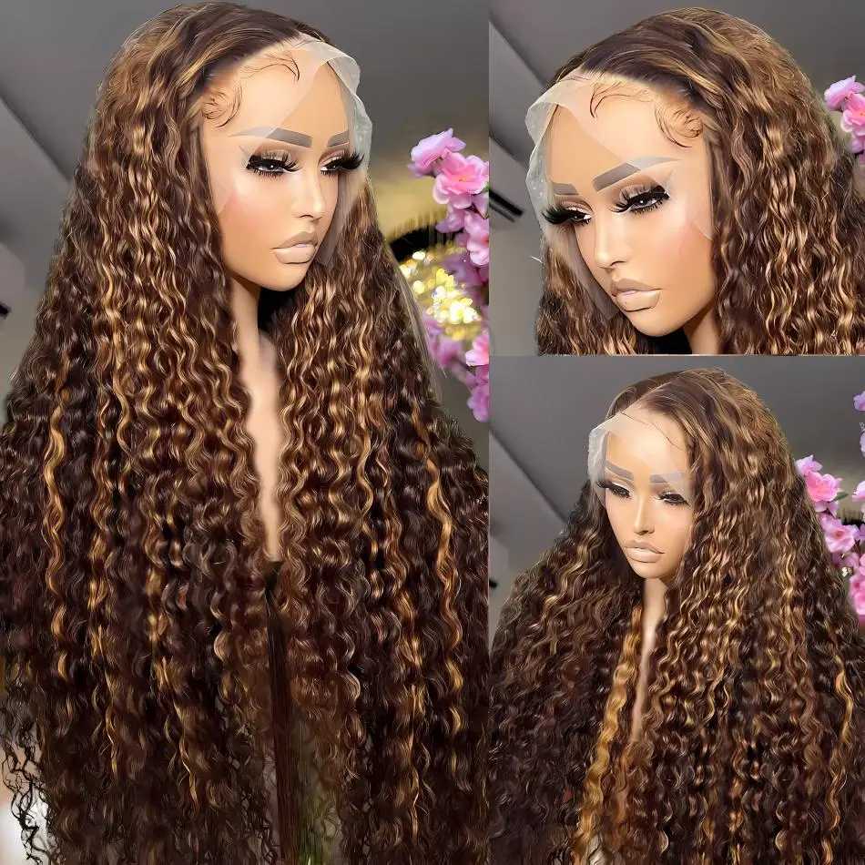 HD Lace Front Wig Water highlighted 30 Inch Curly 13x6 Deep wave Frontal 100% Human Hair Wigs Brazilian Wigs  For Women Choice