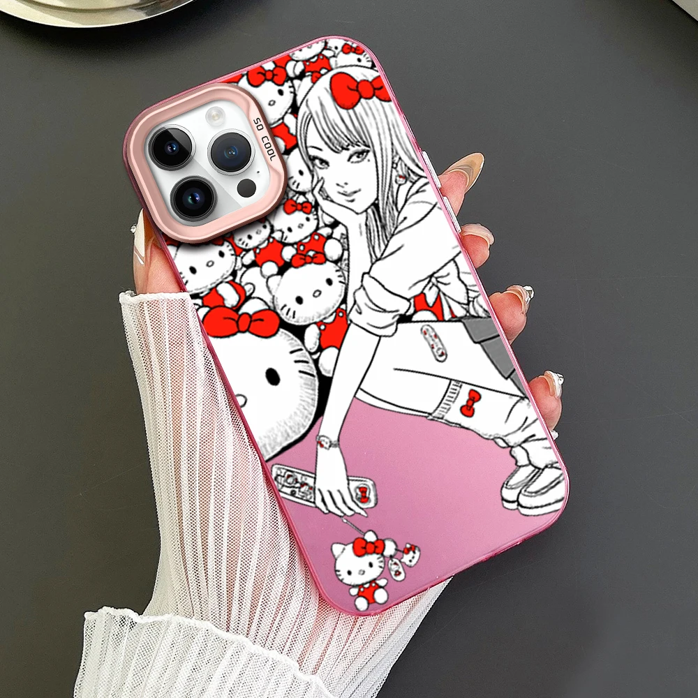 MINISO H-Hello Junji Ito K-Kitty Phone Case For iPhone 16 12 13 14 15 Pro Max Plus Color Electroplated Silver IMD Laser Shell