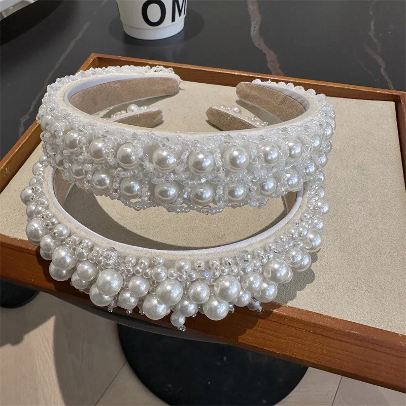 Faux Pearl Headbands for Women White Bling Rhinestones Hairbands Bridal Hair Hoop Wedding Accessories for Girls