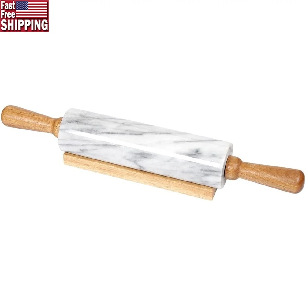 

Premium Natural Marble Rolling Pin with Wooden Handles Cradle Non-Stick Heavy-Duty Dough Pastry Pizza Baking Tool Home Kitchen