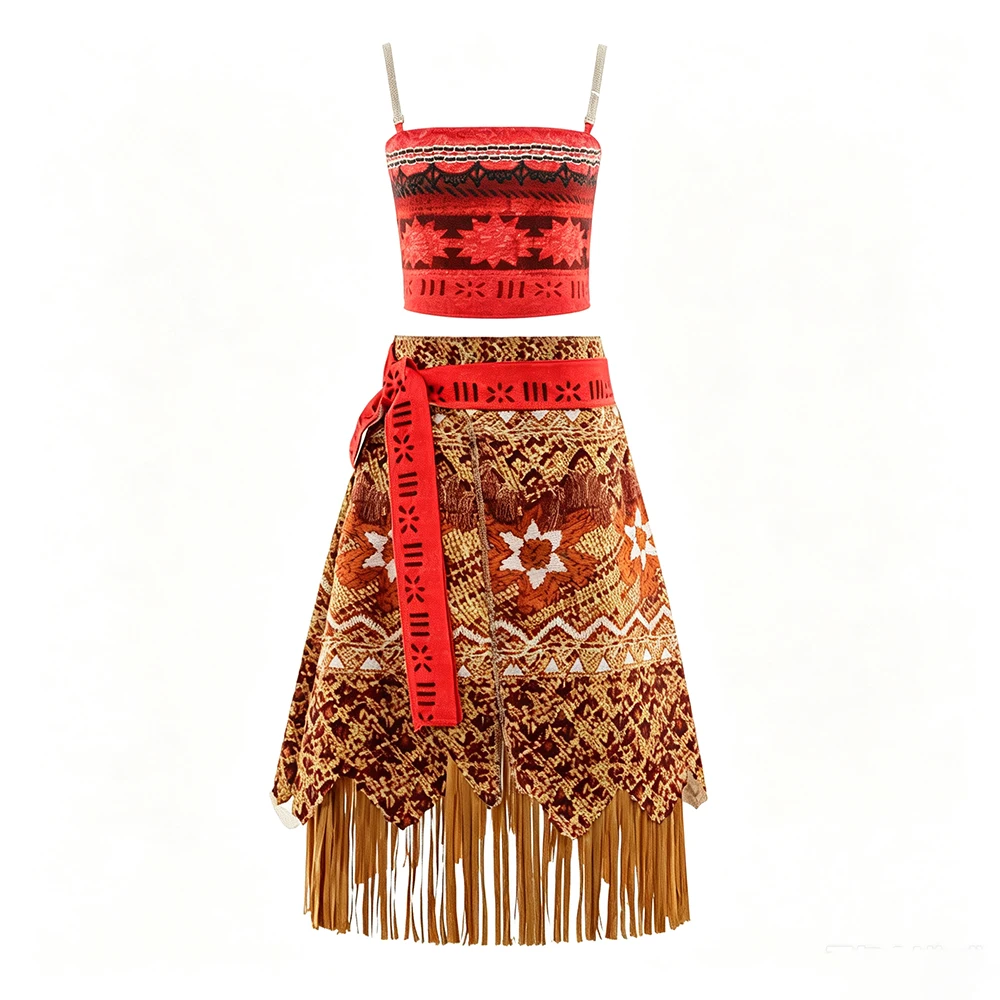 Moana Kids Costume Clothes Sleeveless Halter Long Dress Set with Flower Necklace for Girls Summer Beach Party Cosplay Outfit