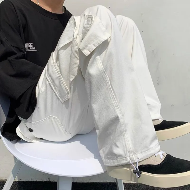 Male Trousers White Aesthetic Men\'s Cargo Pants Wide Multi Pocket Summer Multipockets Straight Clothing Long Fashion Regular Fit