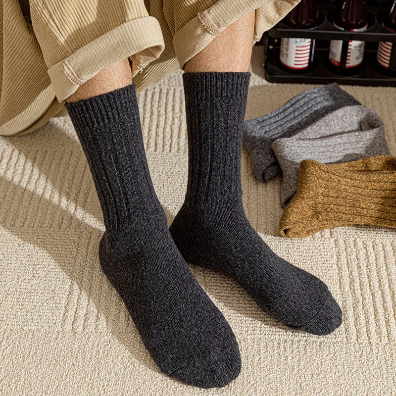 Spring Autumn Warm Men\'s Wool Socks Male Thicken Solid Color Middle Tube Business Socks Daily Against Cold Thermal Men Socks