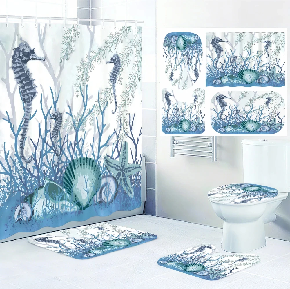 

4pc Seahorse bath Curtain Set, 2D flat printed bathroom partition curtains, modern home curtain decoration