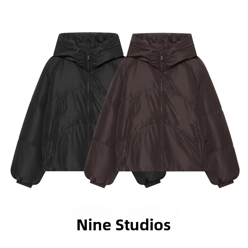 NINE ZAR Women's Casual Loose Fit Hooded Cotton Jacket Color Coat Short Style Zipper Closure Fashionable Ladies' Wear