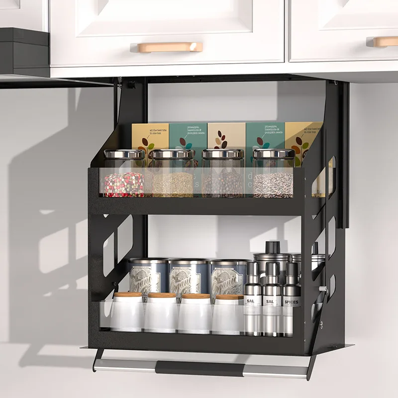 Manual vertical lift pull-down basket seasoning deepens kitchen cabinets