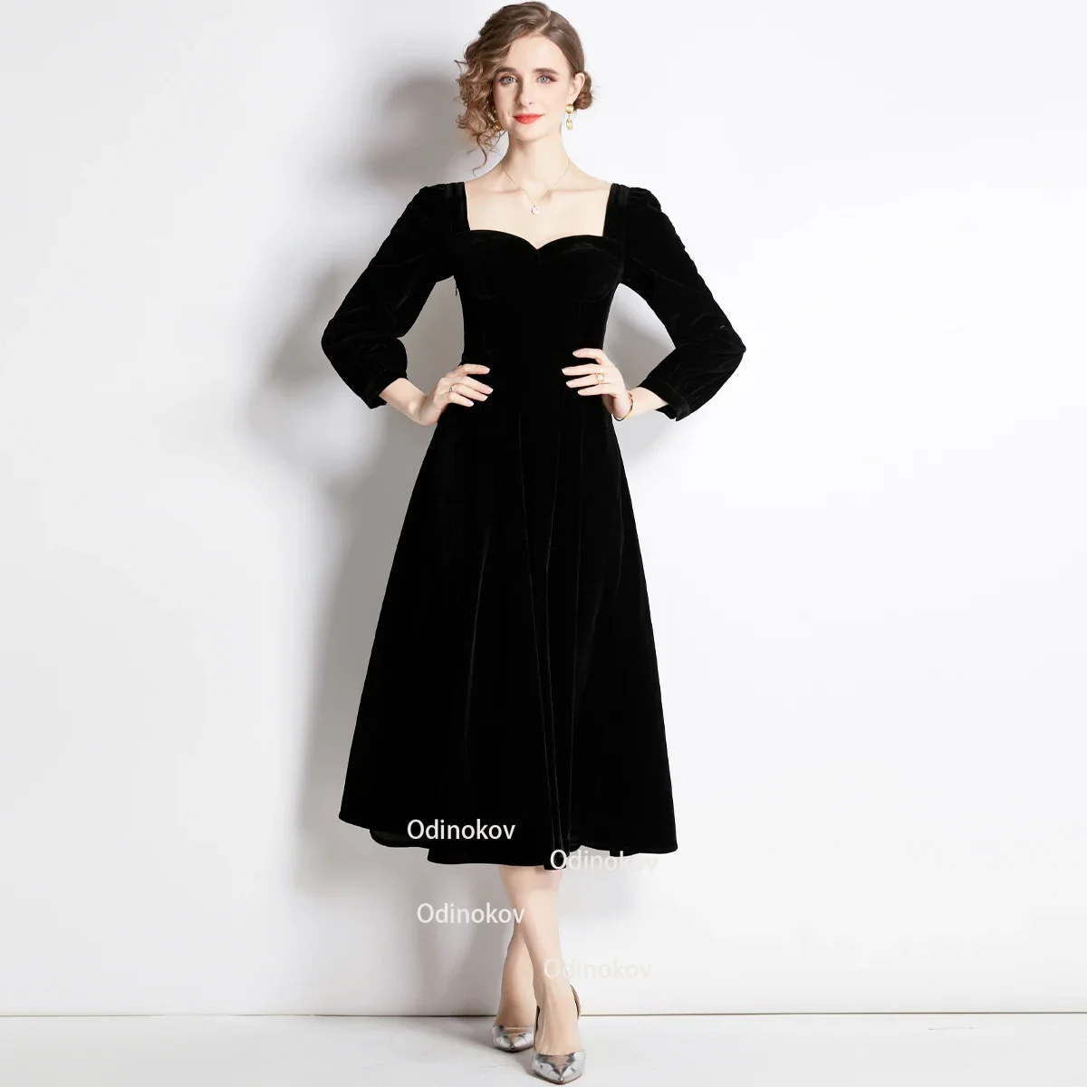 

2024 Spring Summer Square Neck Velvet French Vintage Hepburn Skirt Birthday Dress for Women Vestido Feminino