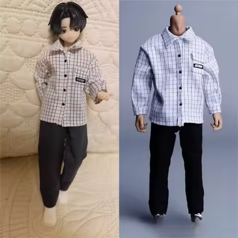 1/12 Scale Trend Male Grid Long Sleeves Shirt Action Figures Clothes Model for 6'' BJD Soldier Dolls Accessories 06FS027