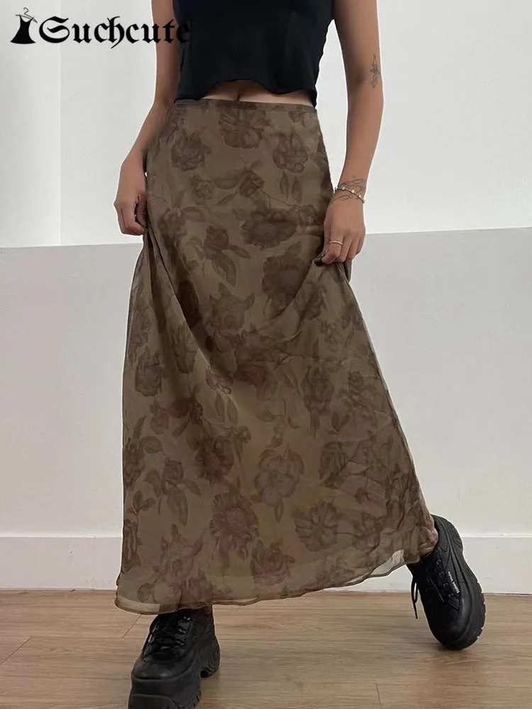 SUCHCUTE Fairycore Grunge Floral Print A-Line Maxi Skirts Harajuku Mesh Patchwork Brown Chic Loose Long Skirts High Street Cloth