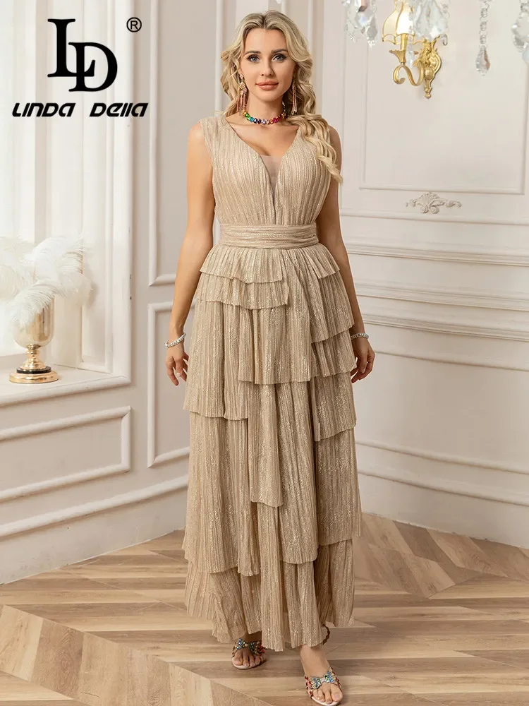 

Длинное платье LD LINDA DELLA 2025: весенне-летняя коллекция, модный дизайн, V-образный вырез, легкий люкс, без рукавов, с завышенной талией, блестящее
