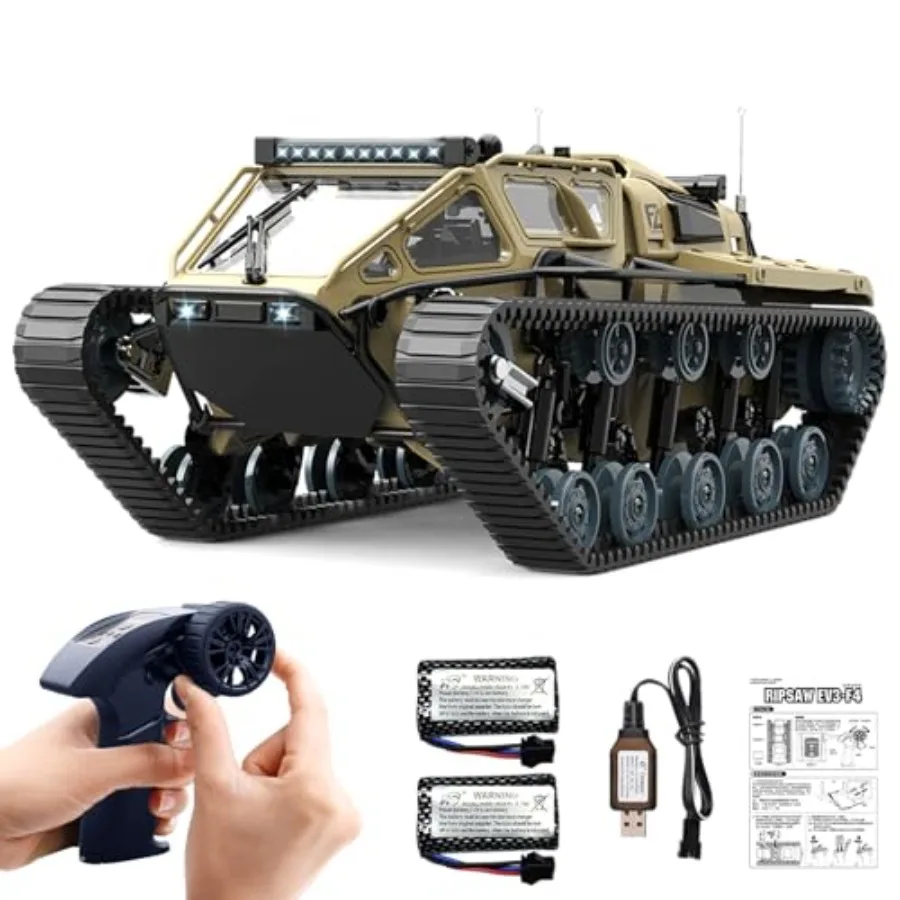 

RC Tank Car 1:16 Scale 2.4Ghz Remote Control Crawler High Speed Off-Road Tracked Vehicle with 360 Rotating Drifting Dual Batter