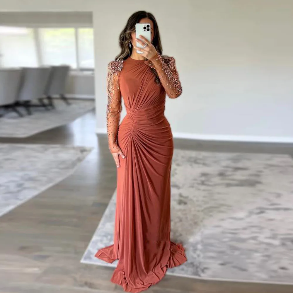 

Customized Beading فساتين سهرة Evening Dresses Slit Transparent Sleeves Prom Dress Pleat Mermaid robes de soiree