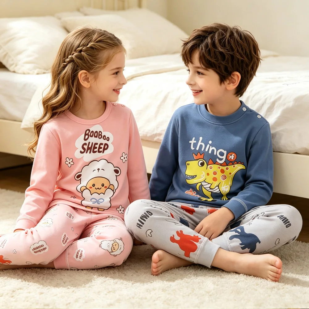Children Pajamas 100% Cotton Boys Sets Baby Suit 6 9 12 18 Months Panda Button Girls Pyjamas Blue Pink Toddler Kid Home Clothing