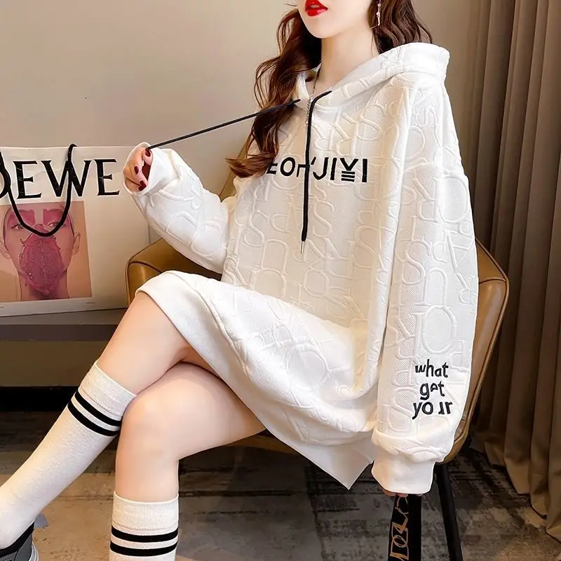 Preppy Style Waffle Hooded Sweatshirt Women Fashion Korean Loose Jacquard Pullover Hoodies Autumn Winter Letter Print Tops