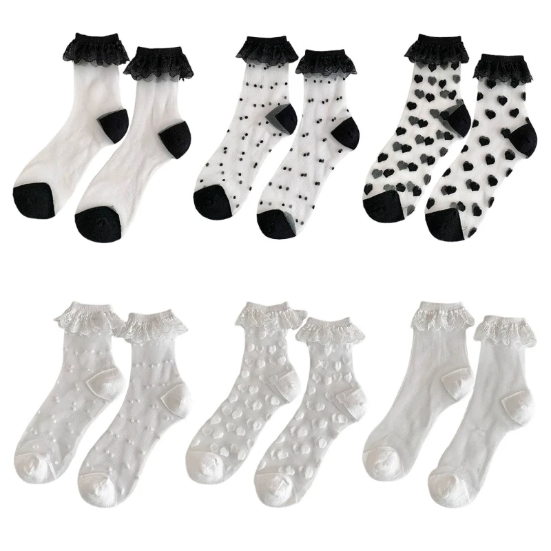 Women Ruffle Frilly Socks Princess Ankle Dress Socks Glass Silk Sheer Socks