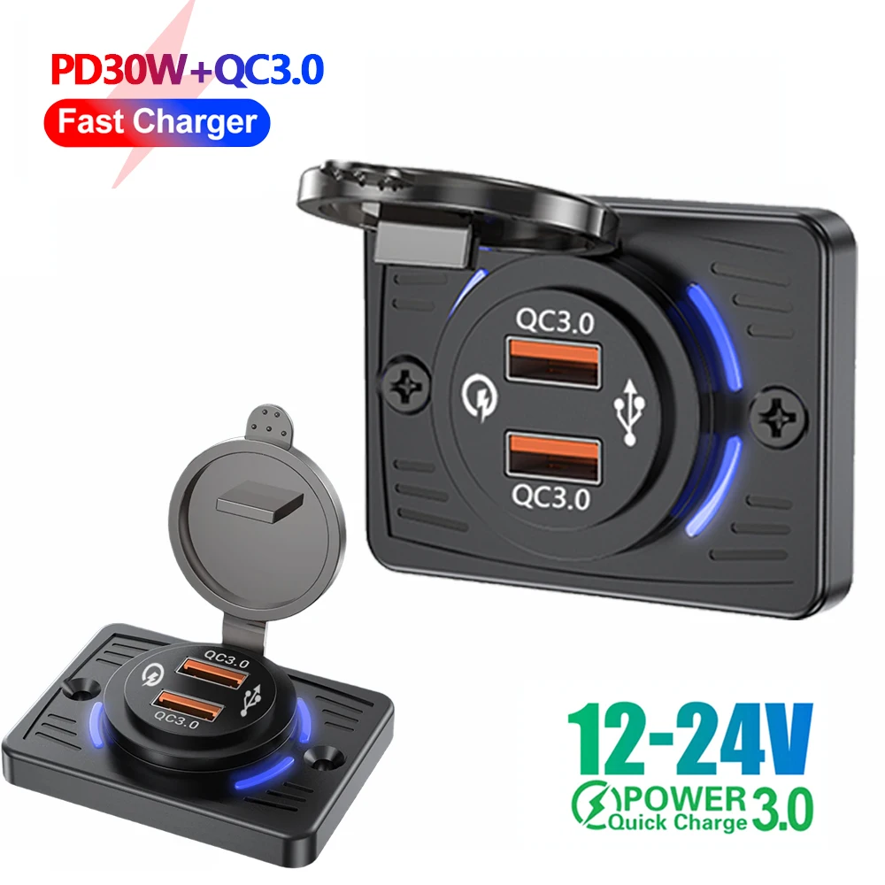 PD&QC Car Fast Charger QC 3.0 18W and PD 30W Fast Charging Socket Waterproof Car Charger Socket for Bus RV ATV Truck Boat