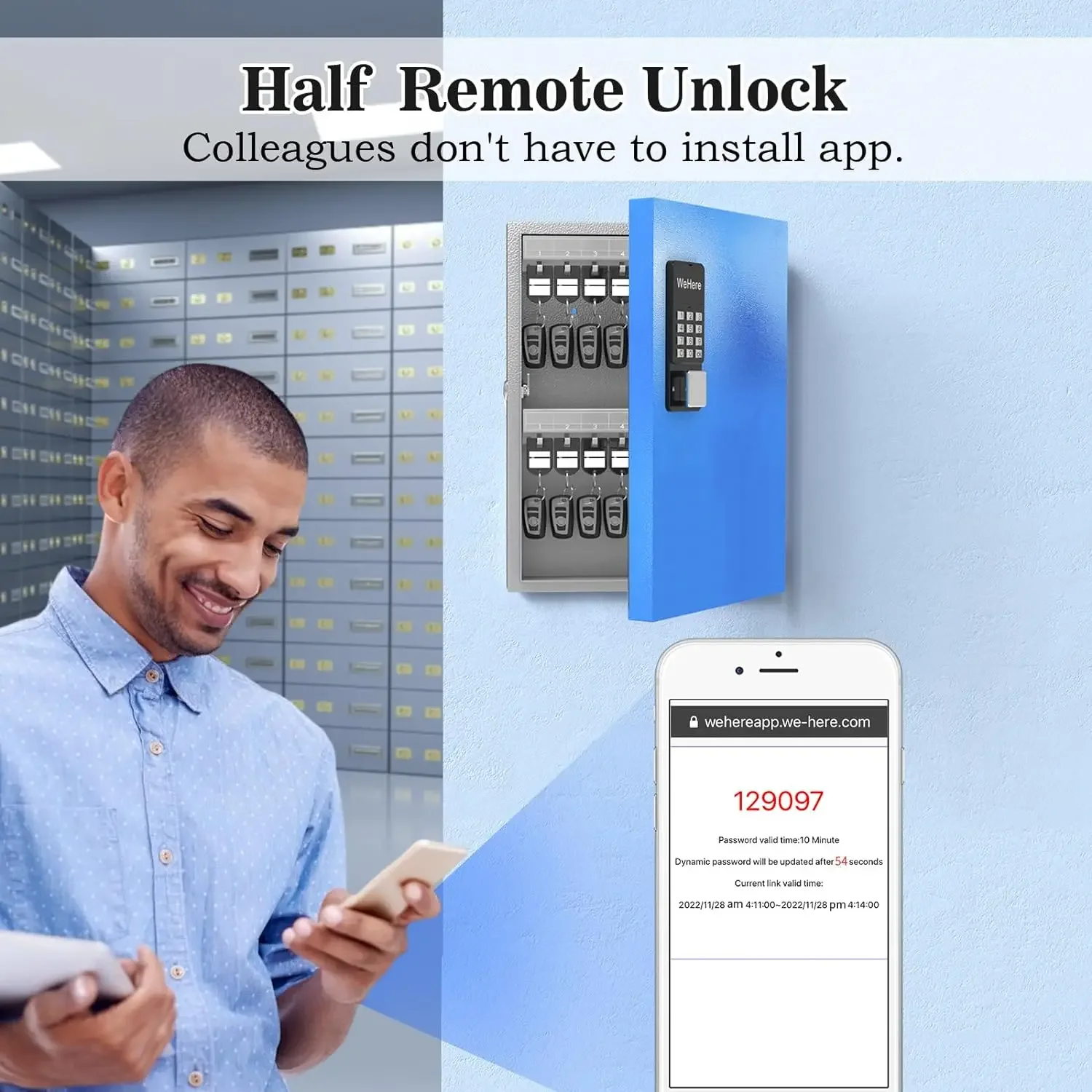 Imagem -06 - Wehere-smart Wall Mounted Armário de Armazenamento Chave 32 Key Lock Box Otp App Bluetooth Código Fixo Desbloqueio Key Management Seguro