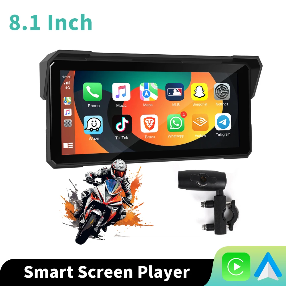 Podofo 8.1'' Draadloze Carplay Android Auto Motorfietsmonitor GPS Navigatie Android ast EQ BT Motorfiets Speler IP68 Waterdicht