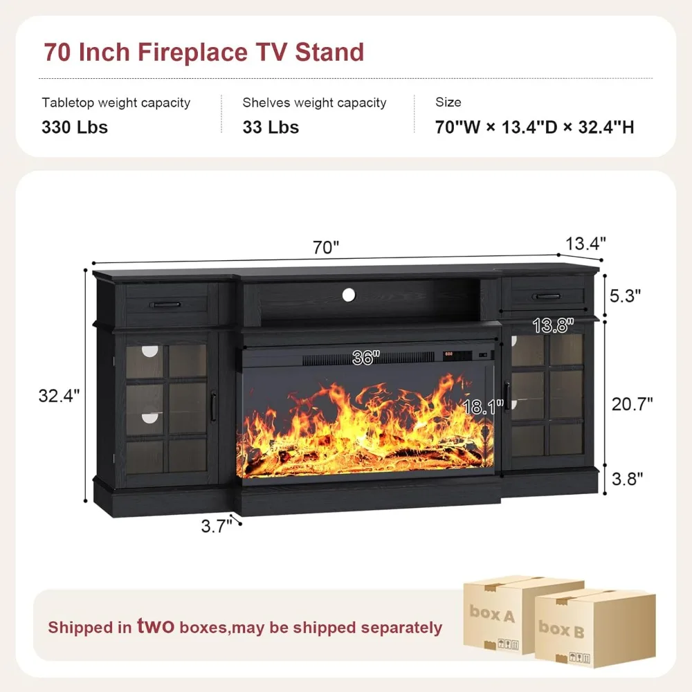 حامل تلفزيون حديث 70 مع مدفأة زجاجية ثلاثية الجوانب، مركز وسائط خشبية مضيئة بإضاءة LED