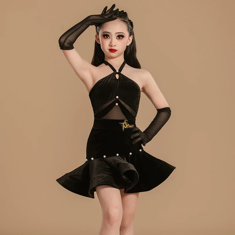 

Fashion Latin Dance Competition Costume Girls Black Halter Latin Dance Dress Kids Chacha Samba Samba Dancing Dresses SL12003