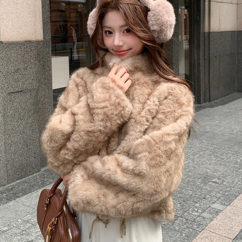Elegant Maillard Zipper Faux Fur Jacket Women Autumn Winter Stand Collar Cropped Plush Outerwear Woman Korean Loose Warm Jacket