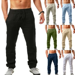 Men's Cotton Linen Pants Summer Solid Color Breathable Linen Trousers Male Casual Elastic Waist Fitness Pants Hip-Hop Streetwear