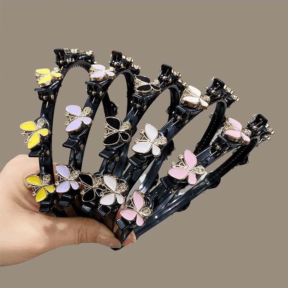 Elegant Hair Bands with Clips Shiny Sweet Women Butterfly Hair Hoop Plastic French Style Rhinestone Bangs Clip Headband Female
