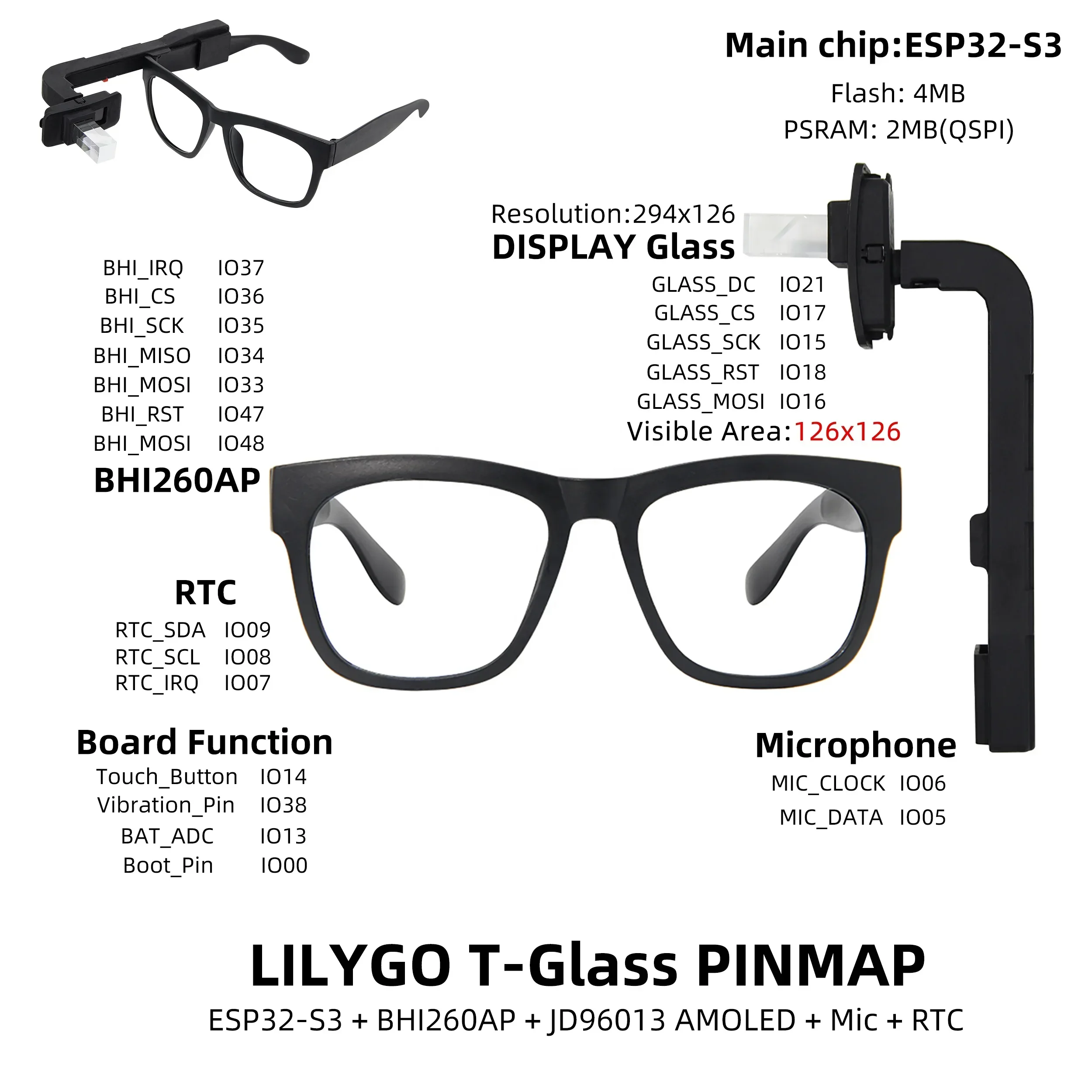 Lilygo óculos ar de vidro t ESP32-S3 1.1 polegadas módulo de exibição amoled bhl260ap auto-aprendizagem sensor inteligente suporte wifi bluetooth