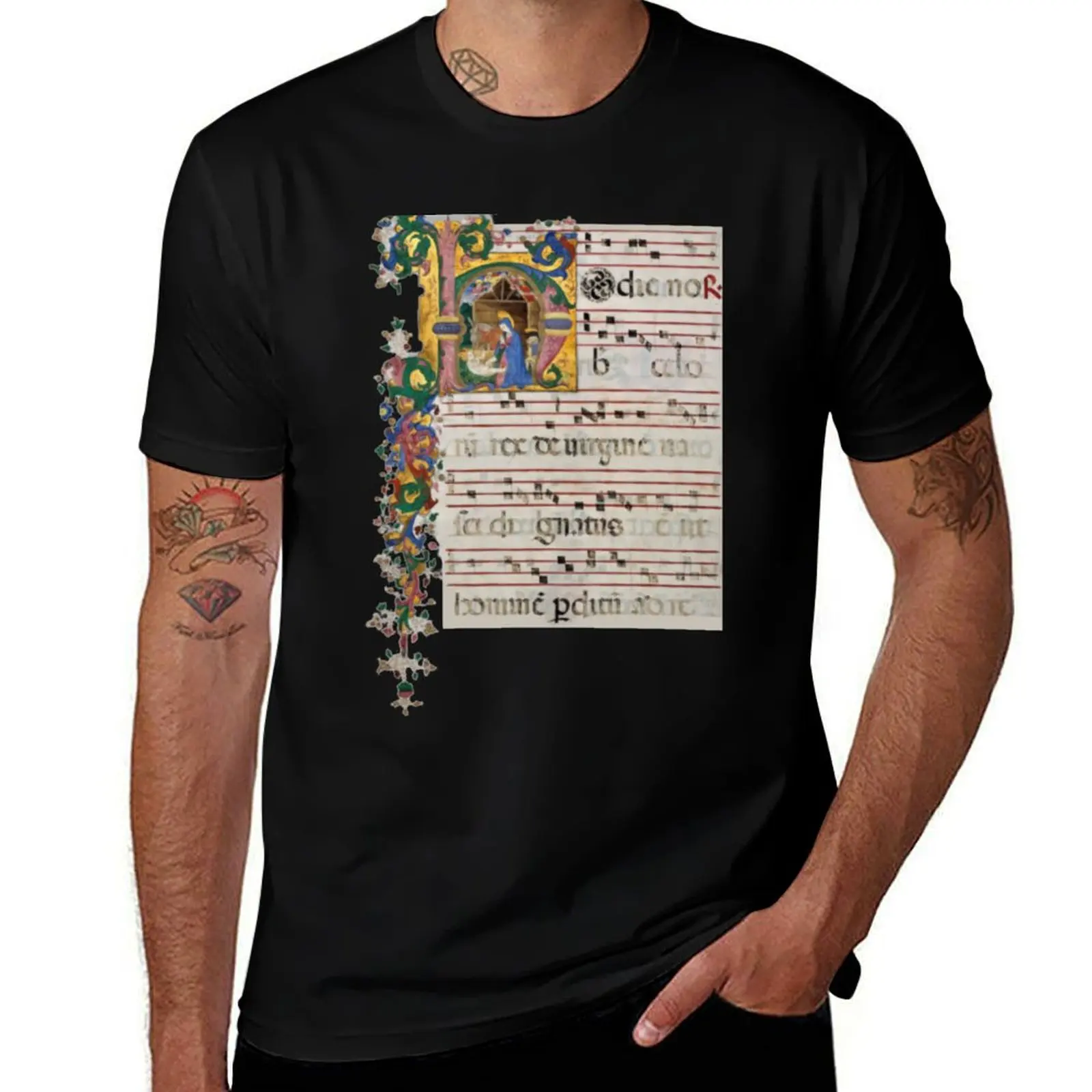 Manuscript Leaf with the Nativity in an Initial H 15th century Christmas T-Shirt Thanksgiving Day Tee Top T-Shirt