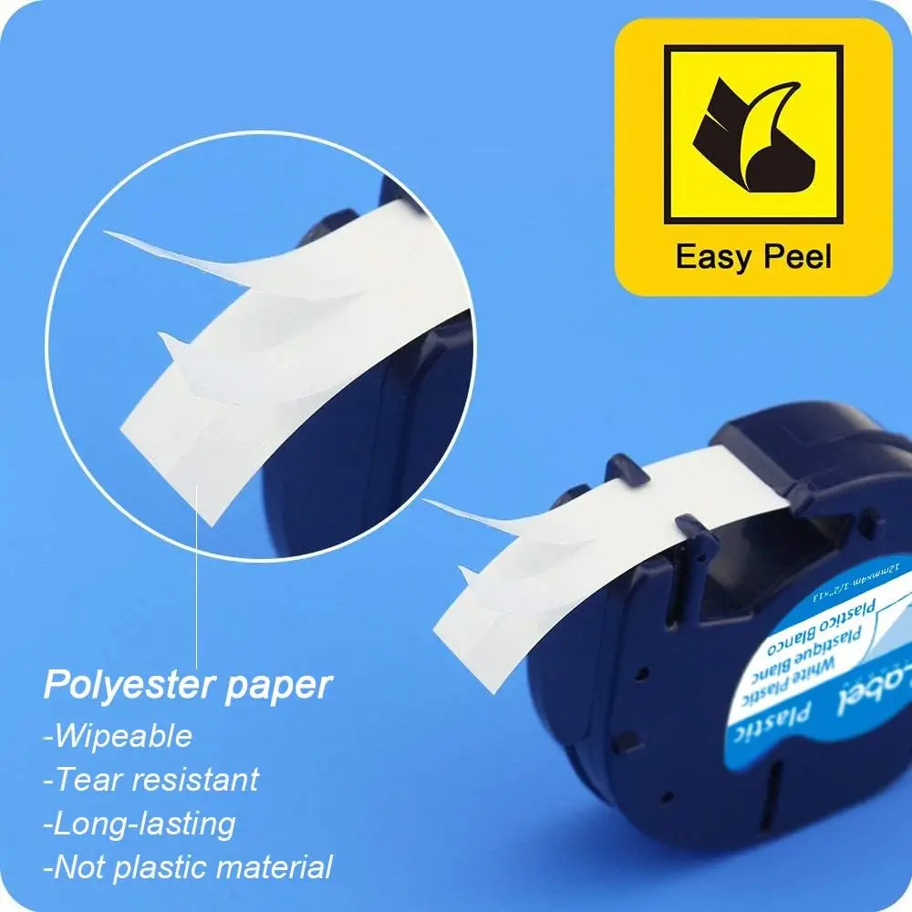 10PCS 91331 LT Label Tape 12mm*4m Compatible For Dymo Plastic LetraTag LT-100H LT-100T Plus Label Printer Black on White